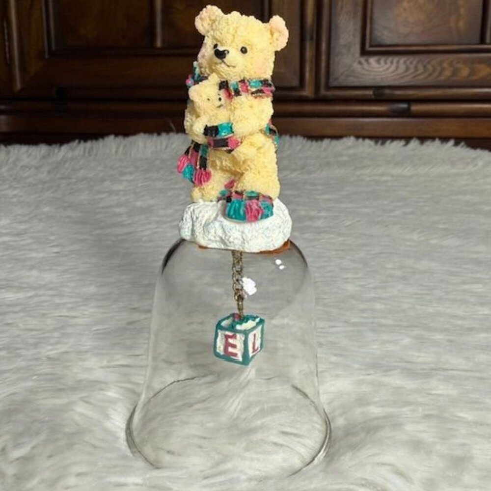 Vintage Mother and Cub Bear L-O-V-E Letter Block Glass Bell Figurine